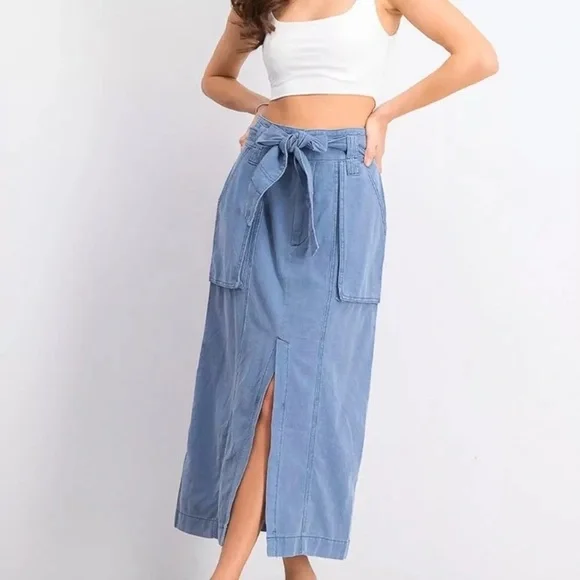 Free people catching feeling linen cotton blend front slit midi skirt size 0 - Picture 3 of 9